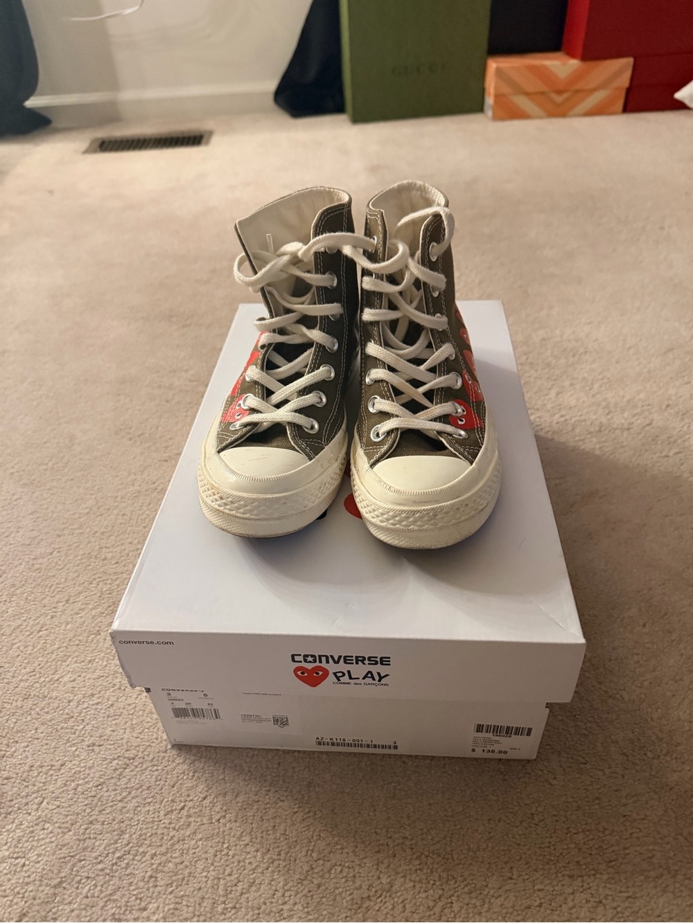 Comme des Garçons PLAY x Converse High-Top Sneakers in Olive with Red Heart